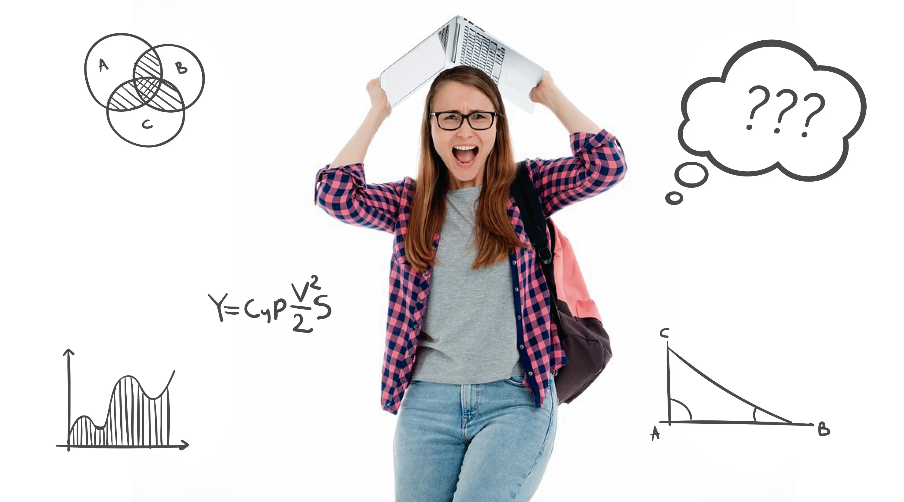 Gestresste Studentin mit Rucksack hält ein Buch über den Kopf; um sie Formeln, Diagramme und eine Gedankenblase mit Fragezeichen.