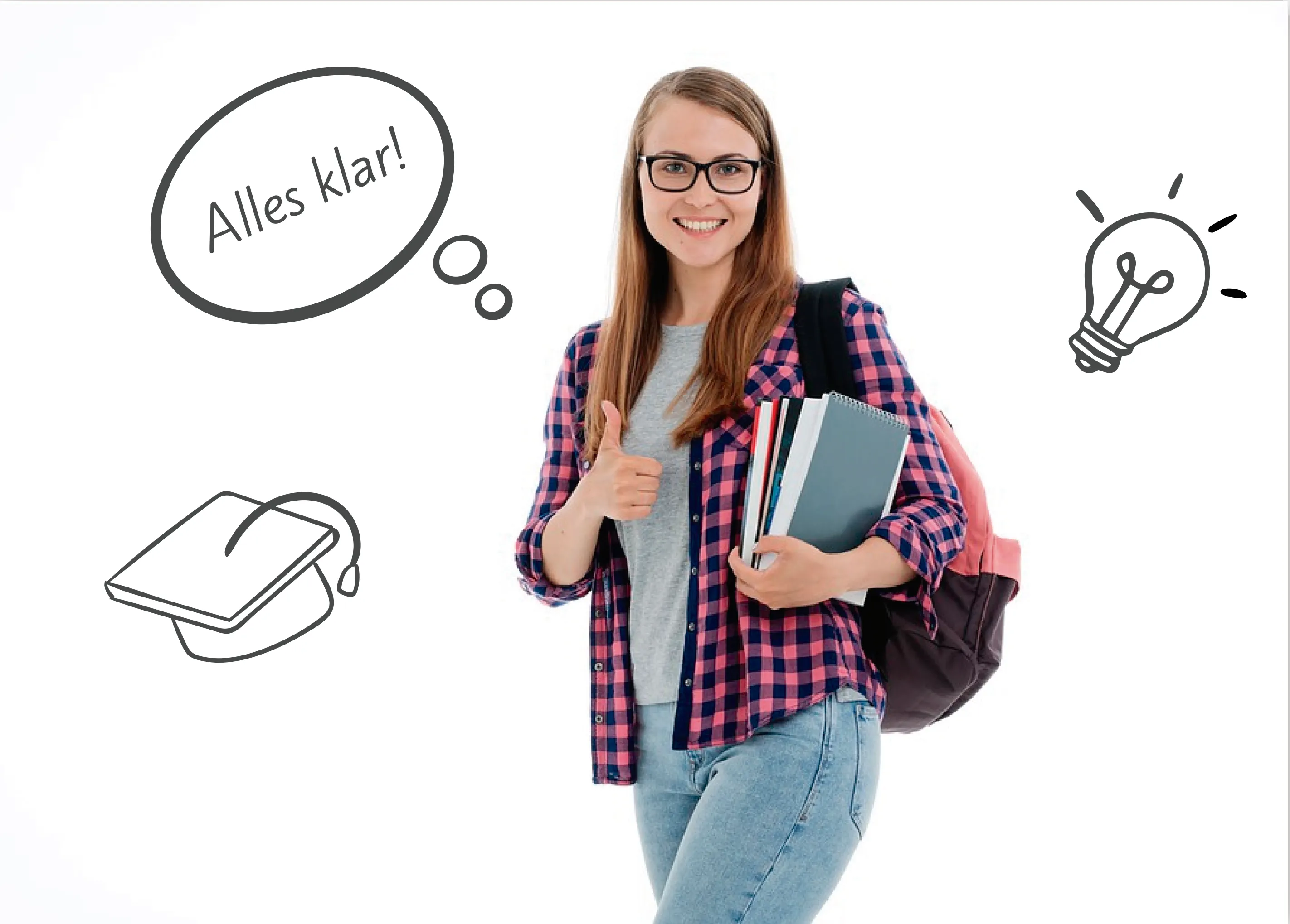 Lächelnde Studentin mit Rucksack und Büchern zeigt Daumen hoch; daneben Glühbirne, Hut und Gedankenblase „Alles klar!“