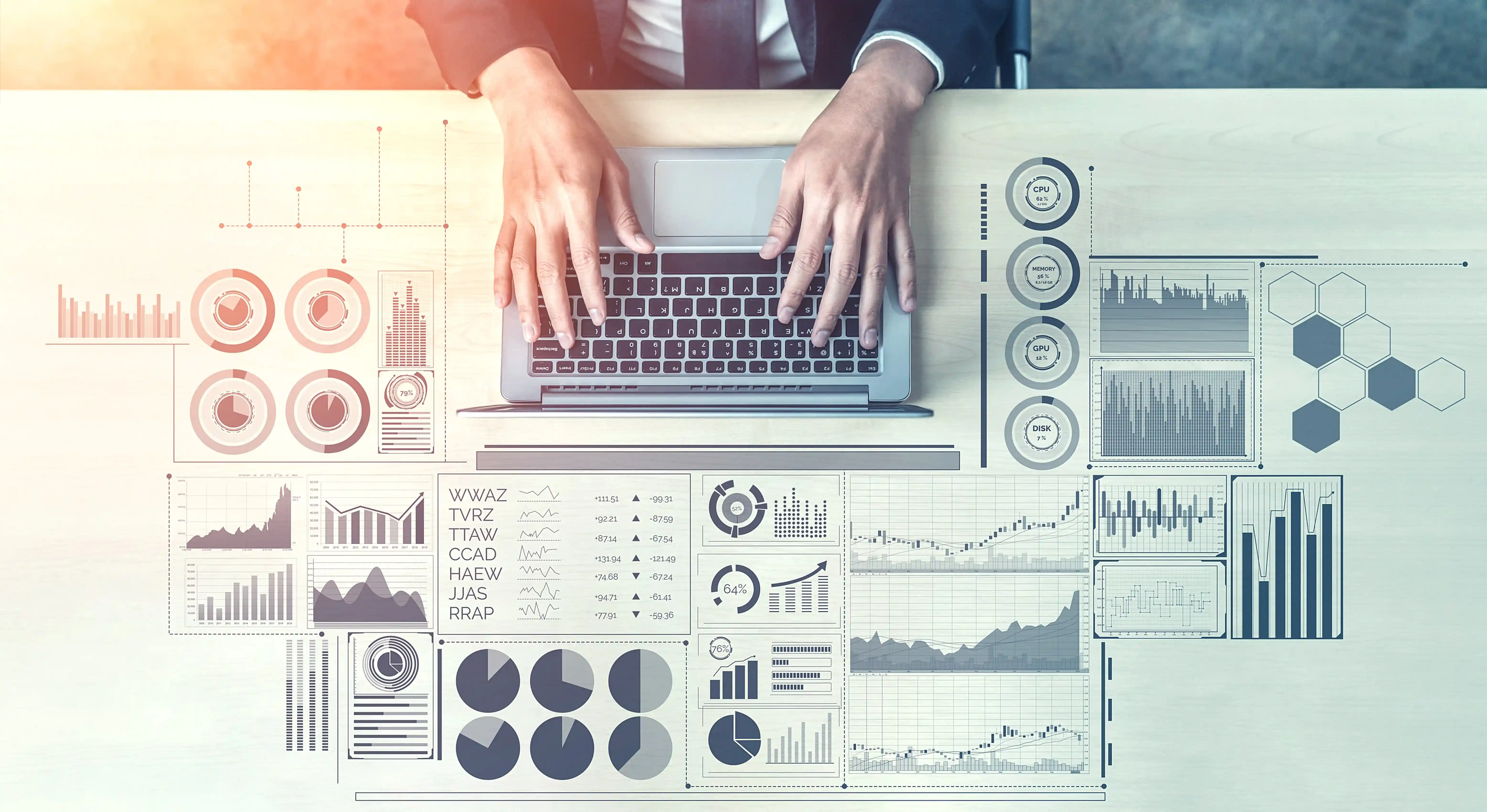 Person arbeitet am Laptop, umgeben von Diagrammen, Kennzahlen und Dashboards zur statistischen Analyse und zum Monitoring.