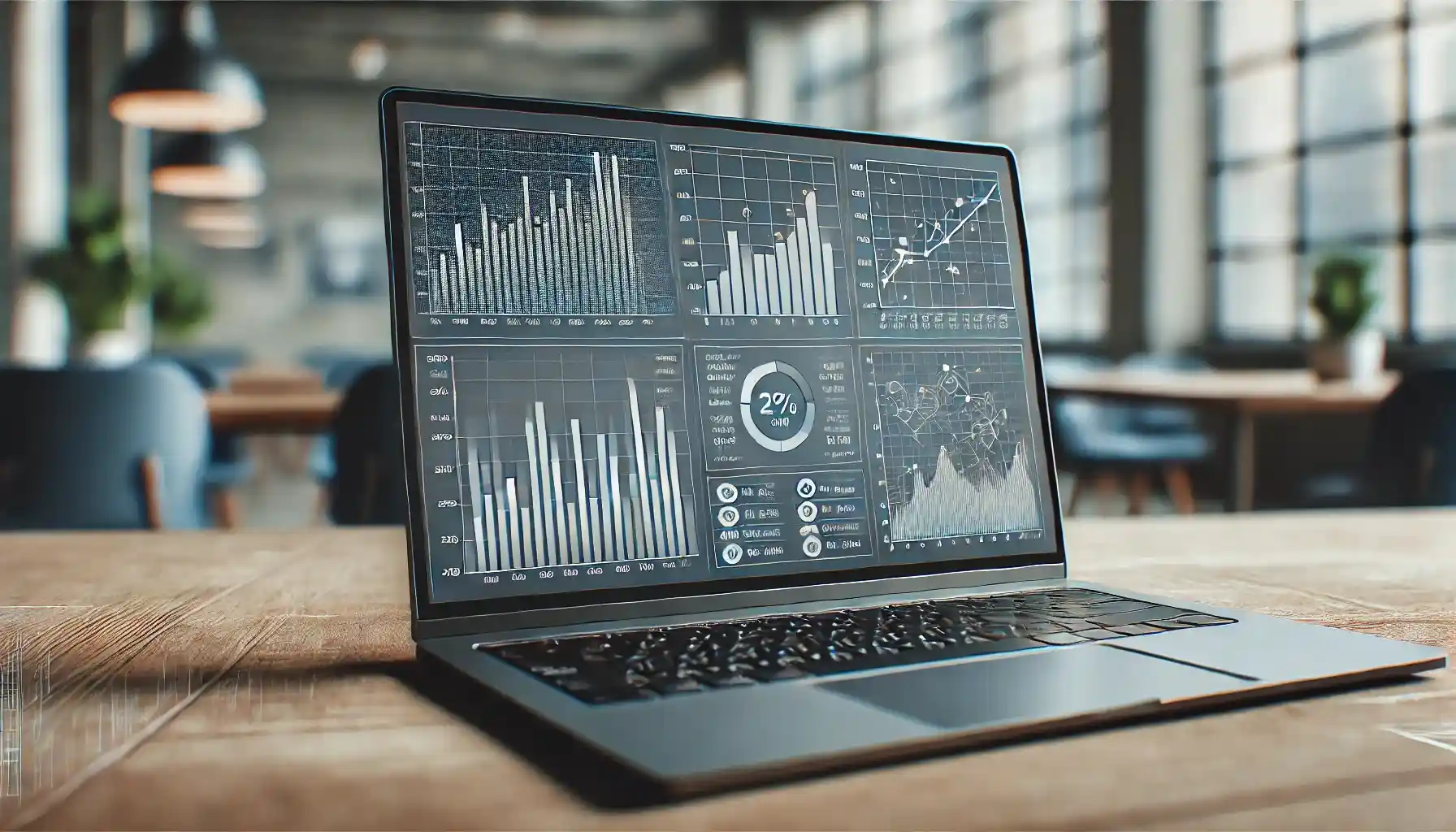 Laptop auf Tisch zeigt Dashboard mit Diagrammen, Kennzahlen und Zeitreihen zur Analyse von Unternehmensdaten.